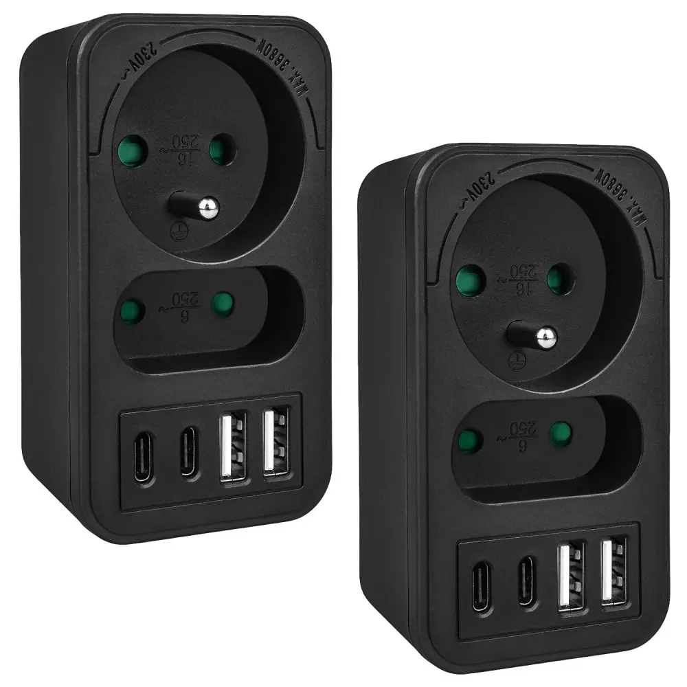 Current socket x2 + 4xUSB Maclean, splitter 2 sockets, 2xUSB , 2xUSB C PD 20W, 1x16A + 1x6A, MCE249 F/B, 2 pieces