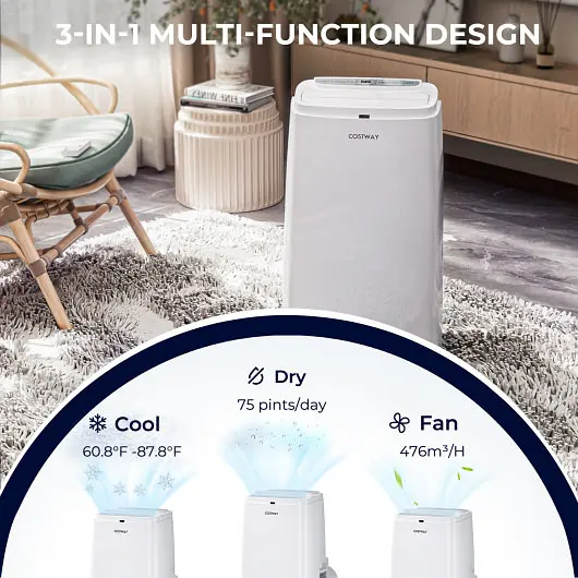 Costway Long-Lasting 12000BTU 3--1 Travel-friendly Air Conditioner Remote, White, ES10115US-WH