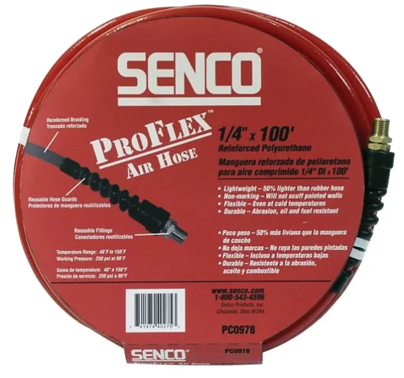 Senco PC0978 Air Hose, 1/4 OD, 100 ft L, MPT, 250 psi Pressure, Polyurethane