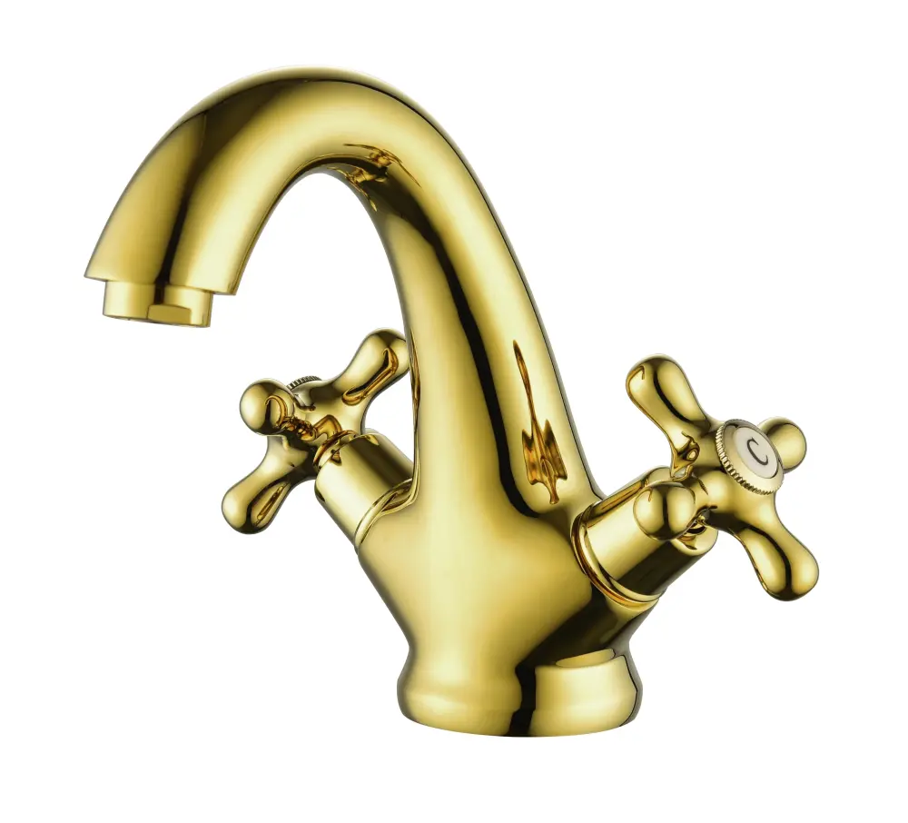 Bathroom Sink Faucet 2 Cross Knobs Aurum Polish Cover Plate Single Hole Vanity Vessel Sink Basin Cold and Hot Water Deck M...