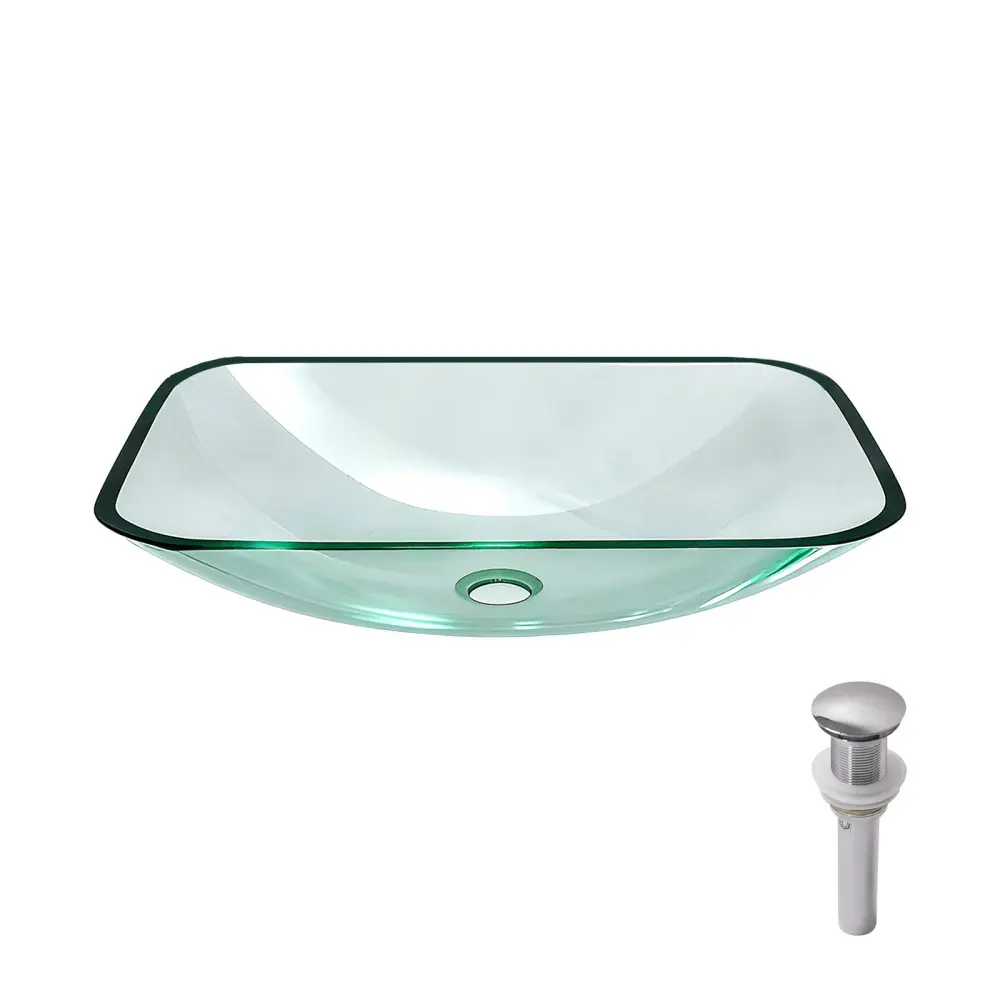 Clear Vessel Sink Rectangle Above Counter Bathroom Basin Pop Up Drain, No Faucet - Lucid