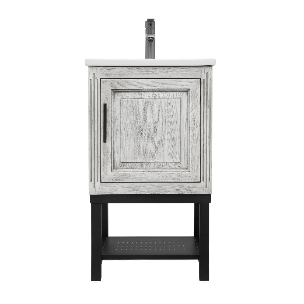 Modern Freestanding Bathroom Vanity Ceramic Sink, Hot And Icy Faucet, 1 Door Cabinet & Open Shelf Pop-Up Drain