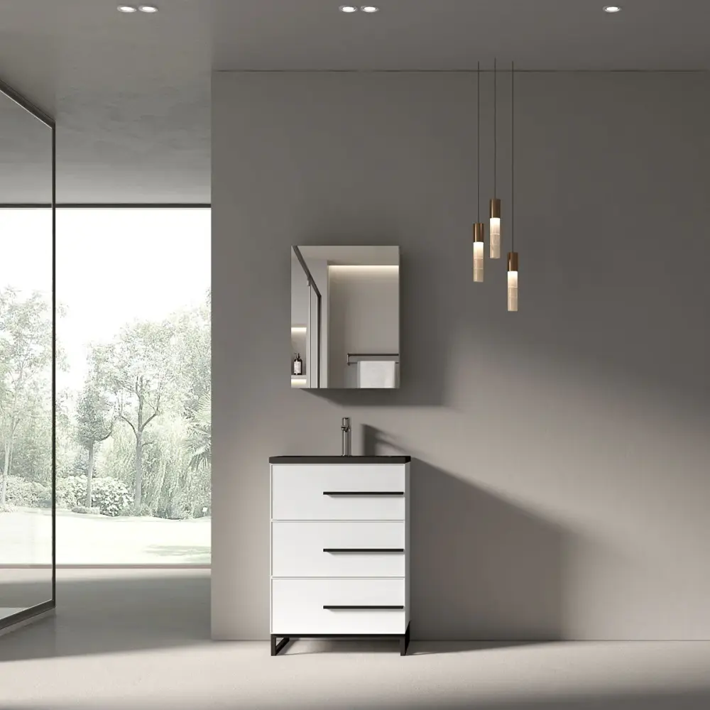 24" W Freestanding Single Bathroom Vanity White Gloss Matte Ebony Integrated Sink LV15B-24W