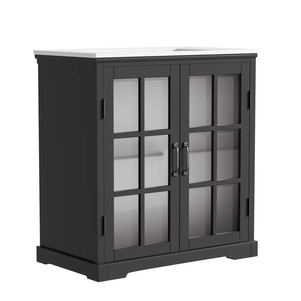 Modern Bathroom Vanity Ceramic Sink, Tempered Blurred Glass Doors