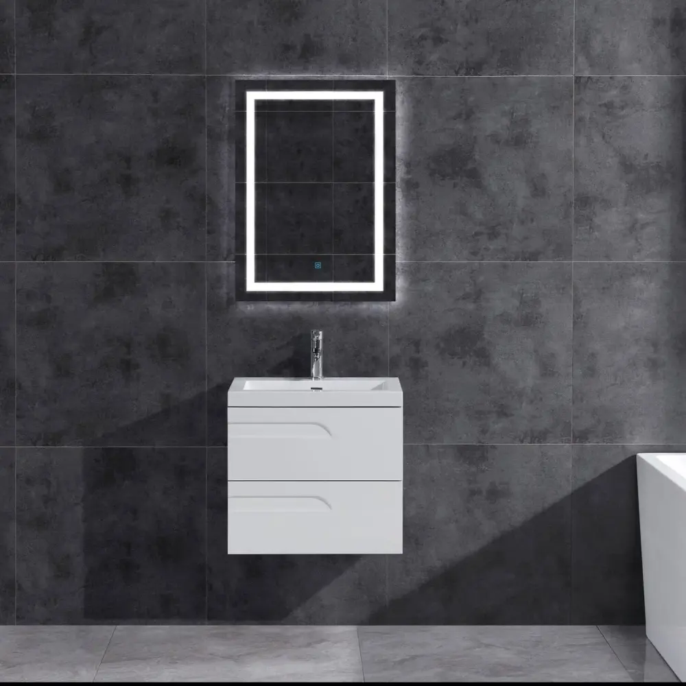 24" Wall Mount Single Sink Bathroom Vanity White Gloss Square Counter Top LV7W-24W