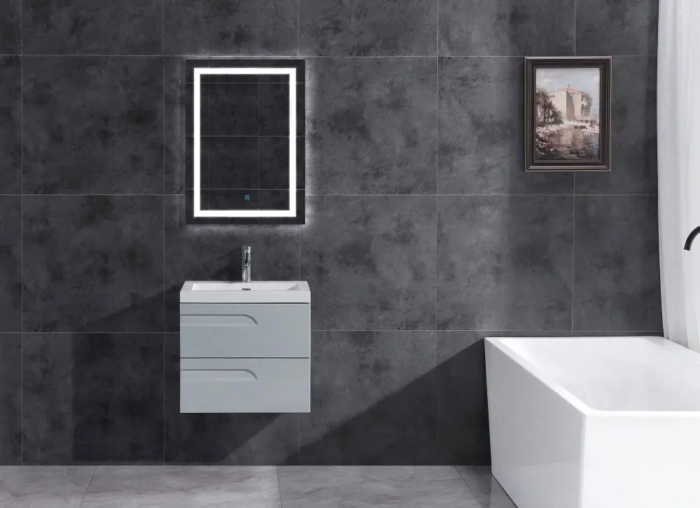 24" Wall Mount Sole Sink Bathroom Vanity Gray Gloss Square Counter Top LV7W-24G