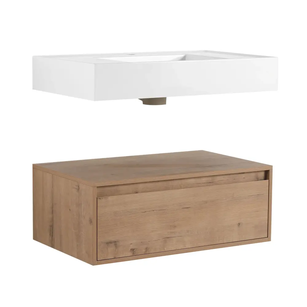 Wall Mounted Bathroom Vanity Resin Sink And Gentle Close Drawer Imitative - Imitative Oak