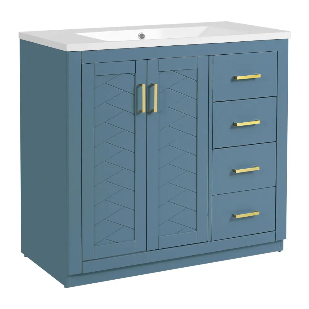 Bathroom Vanity Sink, Storage Cabinet, Freestanding Set 3 Drawers & Plush Closing Doors - Indigo
