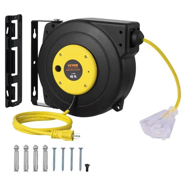VEVOR Non-Toxic Retractable Extension Cord Reel Power Cord Reel 45FT 12AWG/3C SJTOW, Yellow, SSSJXQ45FTHHPCX82V1