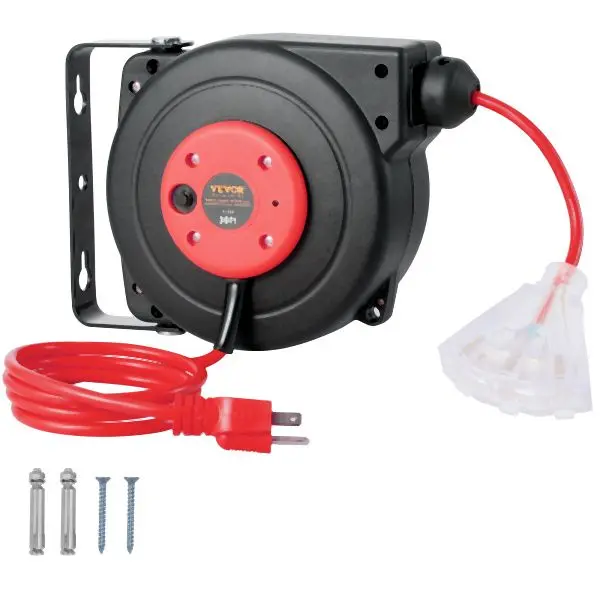VEVOR Retractable Extension Cord Reel Power Cord Reel 30FT 16AWG/3C SJTOW, Cherry Red, SSSJXQ30FTHH1V3YUV1