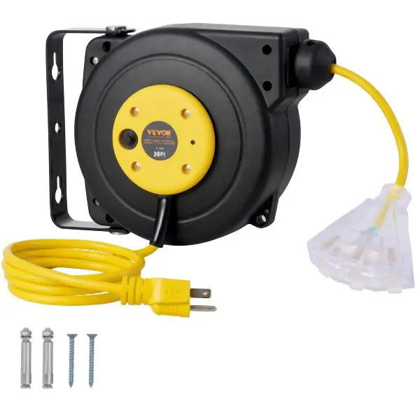 VEVOR Retractable Extension Cord Reel Power Cord Reel 30FT 16AWG/3C SJTOW, Yellow, SSSJXQ30FTHHDB1YXV1