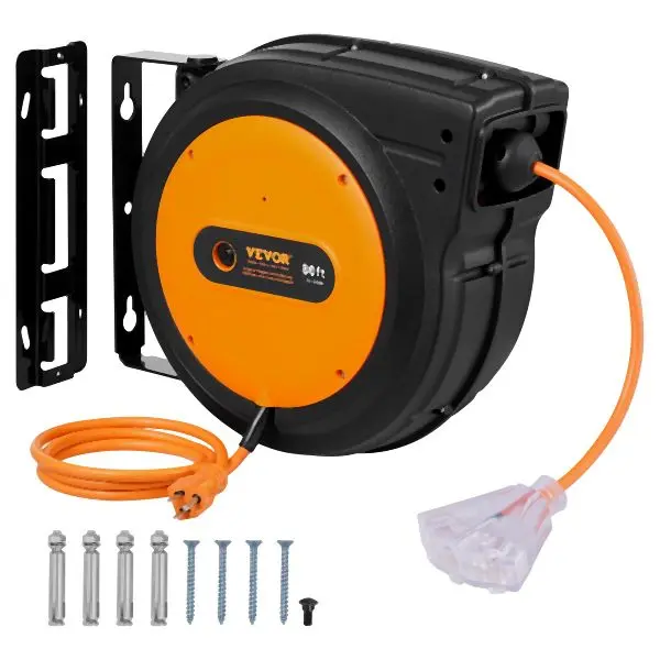 VEVOR Retractable Extension Cord Reel Power Cord Reel 80FT 12AWG/3C SJTOW, Orange, SSSJXQ80FTCHOUXO5V1