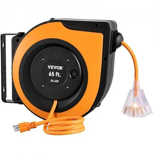 VEVOR Retractable Extension Cord Reel Power Cord Reel 65ft 12AWG/3C SJTOW UL, SSSJXQMC65FT1OWM6V1