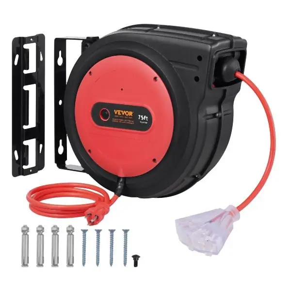 VEVOR Scratch-Resistant Retractable Extension Cord Reel Power Cord Reel 75FT 14AWG/3C SJTOW, Linchpink, SSSJXQ75FTHH52NMHV1