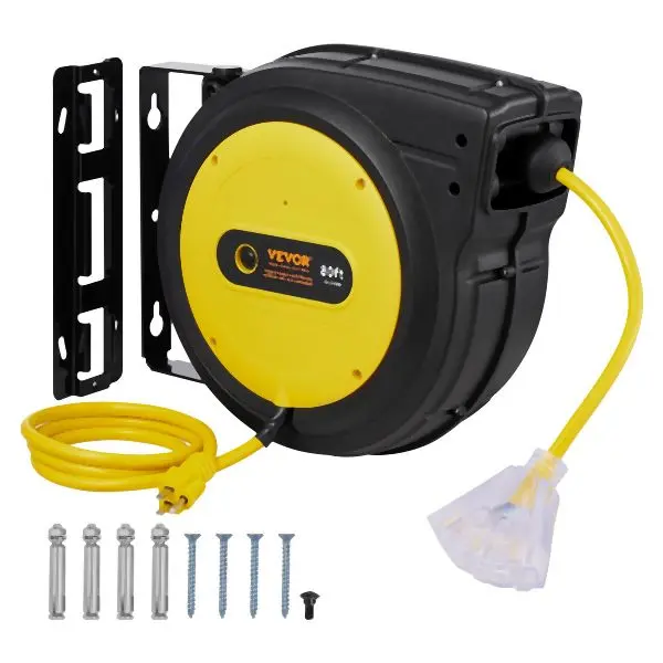 VEVOR Solid Retractable Extension Cord Reel Power Cord Reel 80FT 12AWG/3C SJTOW, Yellow, SSSJXQ80FTHHSQGCEV1