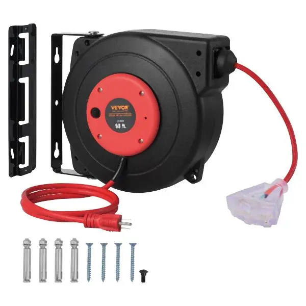 VEVOR Sustainable Retractable Extension Cord Reel Power Cord Reel 50FT 14AWG/3C SJTOW, Ruby, SSSJXQ50FTHHWGYYKV1