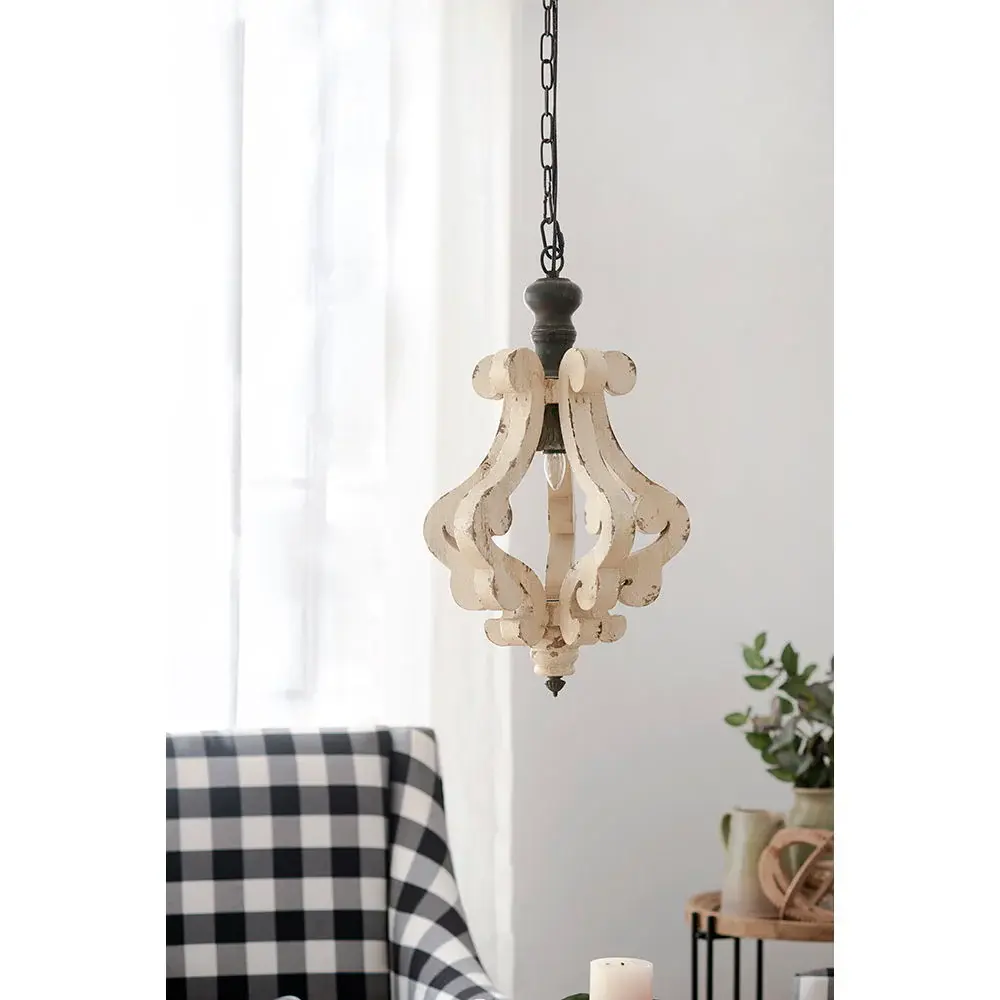Farmhouse Chandeliar Distressed Pendant French Country Wood Chandelier Living Room Foyer, Bulb Not Included - Antique Cream