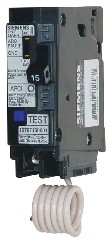 Siemens QA115AFC Circuit Breaker, AFCI, Combination, 15 , 1 -Pole, 120/240 V, Fixed Trip, Plug Mounting, Charcoal