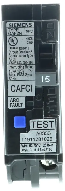 Siemens QA115AFCN Circuit Breaker, AFCI, Combination, Low Voltage, 15 , 1 -Pole, 120 V, Plug Mounting