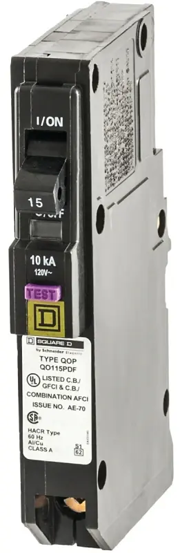 Square D QO115PDFC Circuit Breaker, CAFCI, Pocket, 15 , 1-Pole, 120 V, Plug