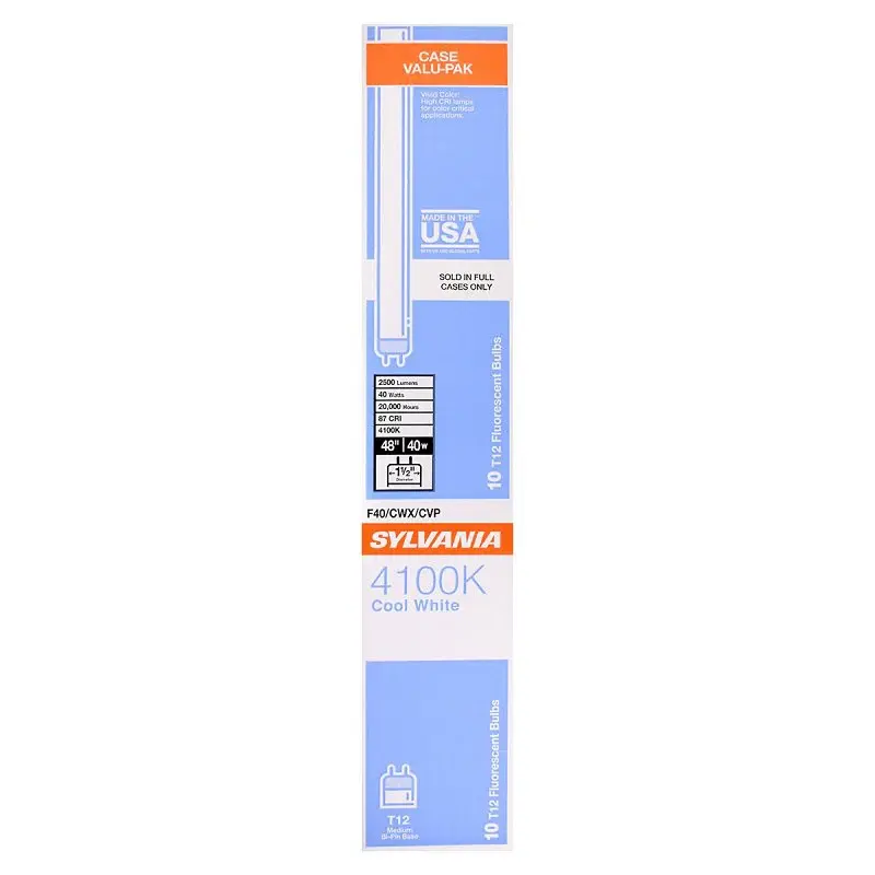 Sylvania 22461 Fluorescent Bulb, 4100 K Color Temp, Cool Ivory, 1850 Lumens, 40 W, T12 Lamp, Medium Lamp Base