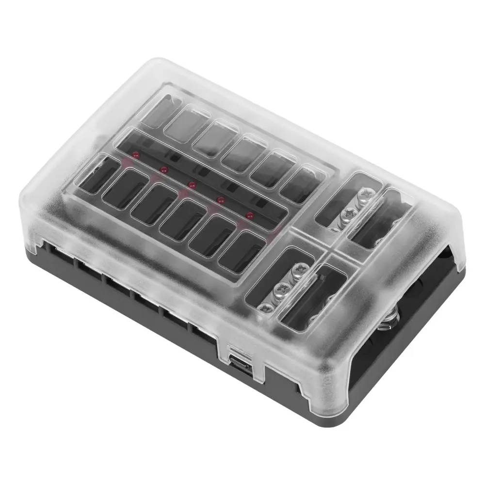 FB-12 fuse box 12 x 19mm sockets, 30A per circuit, 100A total load, LED indicator, negative rail, 32V, compact size, simpl...