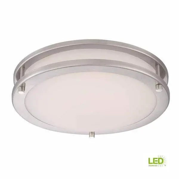 Hampton Bay 12 . 120-Watt Equivalent Brushed Nickel Integrated LED Low-Profile Flush Position Frosted White Glass Shade Da...