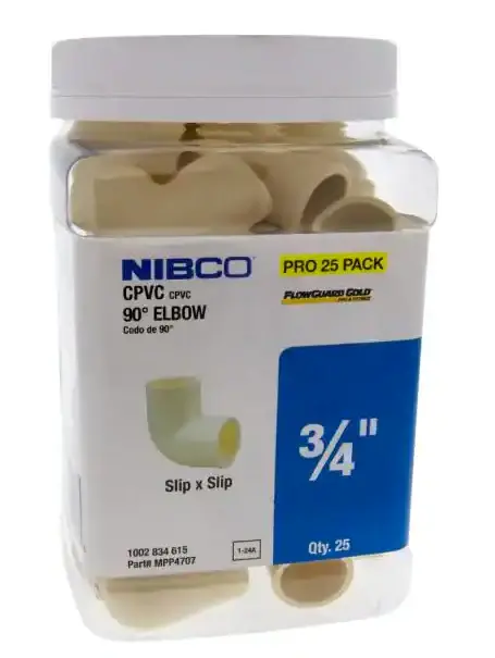 Nibco 3/4 CPVC-CTS 90 Degree Slip x Slip Elbow Fitting Pro Pack 25-Pack Damaged Box