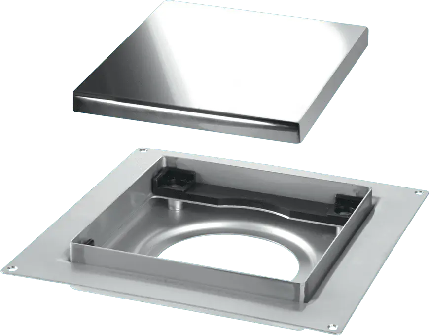 McAlpine TILE-PLAIN-P 150mm Square Stainless Steel Tile Drain employ 50mm Water Seal trap body