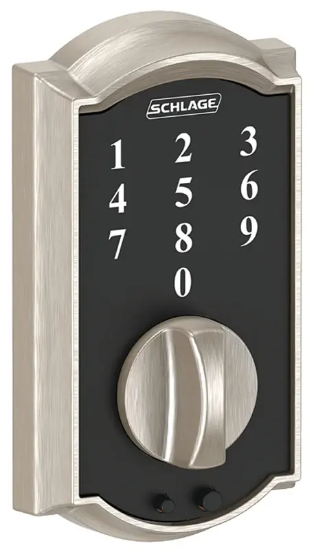 Schlage BE375 CAM 619 Electronic Deadbolt, Satin Nickel, Residential, 1 Grade, Metallic, Thumbturn Interior Handle