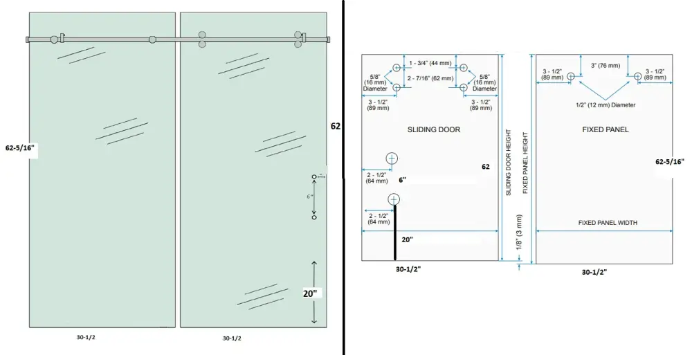 ISDSL6062H2 Sliding Shower Door Adjust 60"x 62" 2 Holes Tempered Tub Enclosure