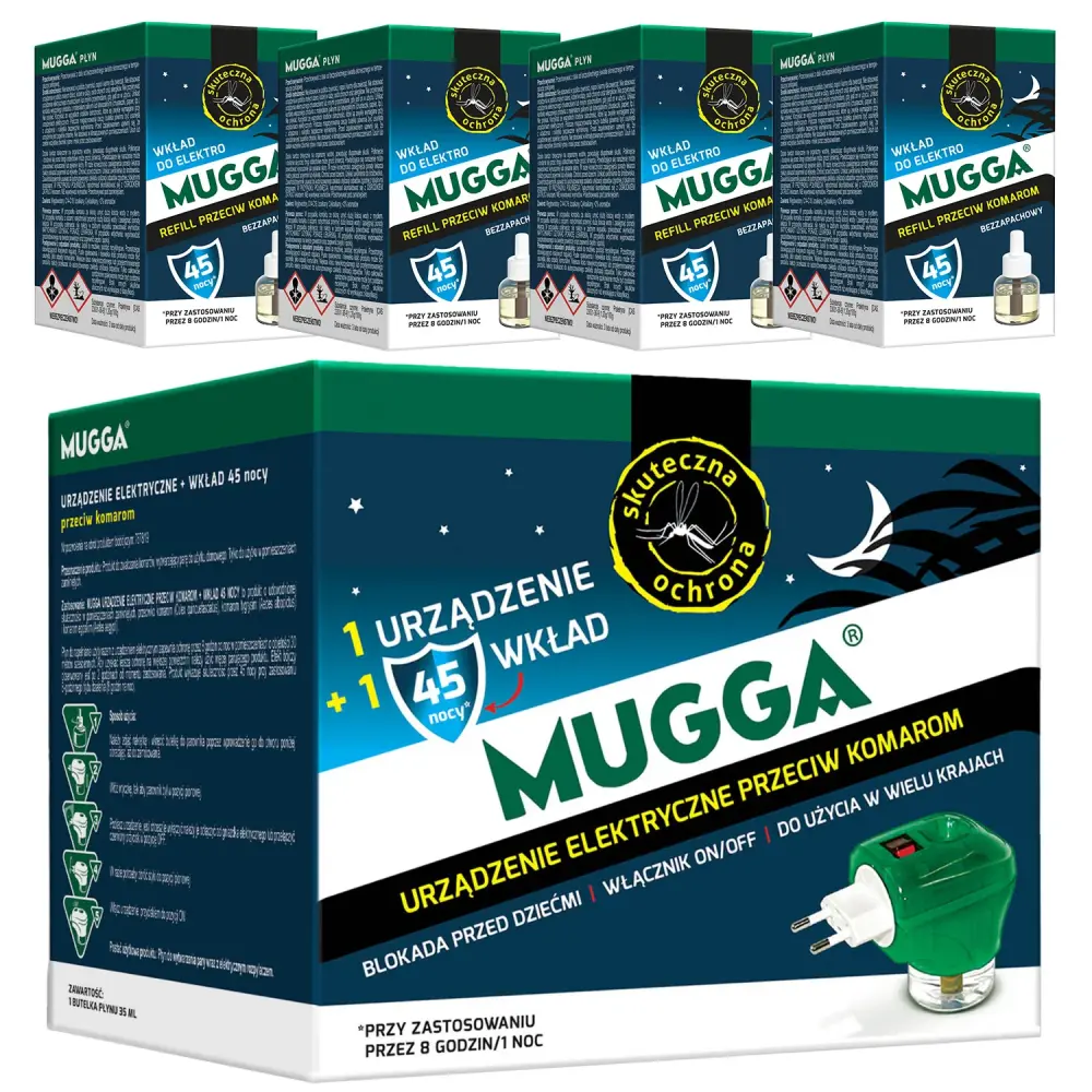Electric device Mugga 45 nights 35ml mosquito refill + 4x Mugga 45 nights 35ml mosquito fluid refill