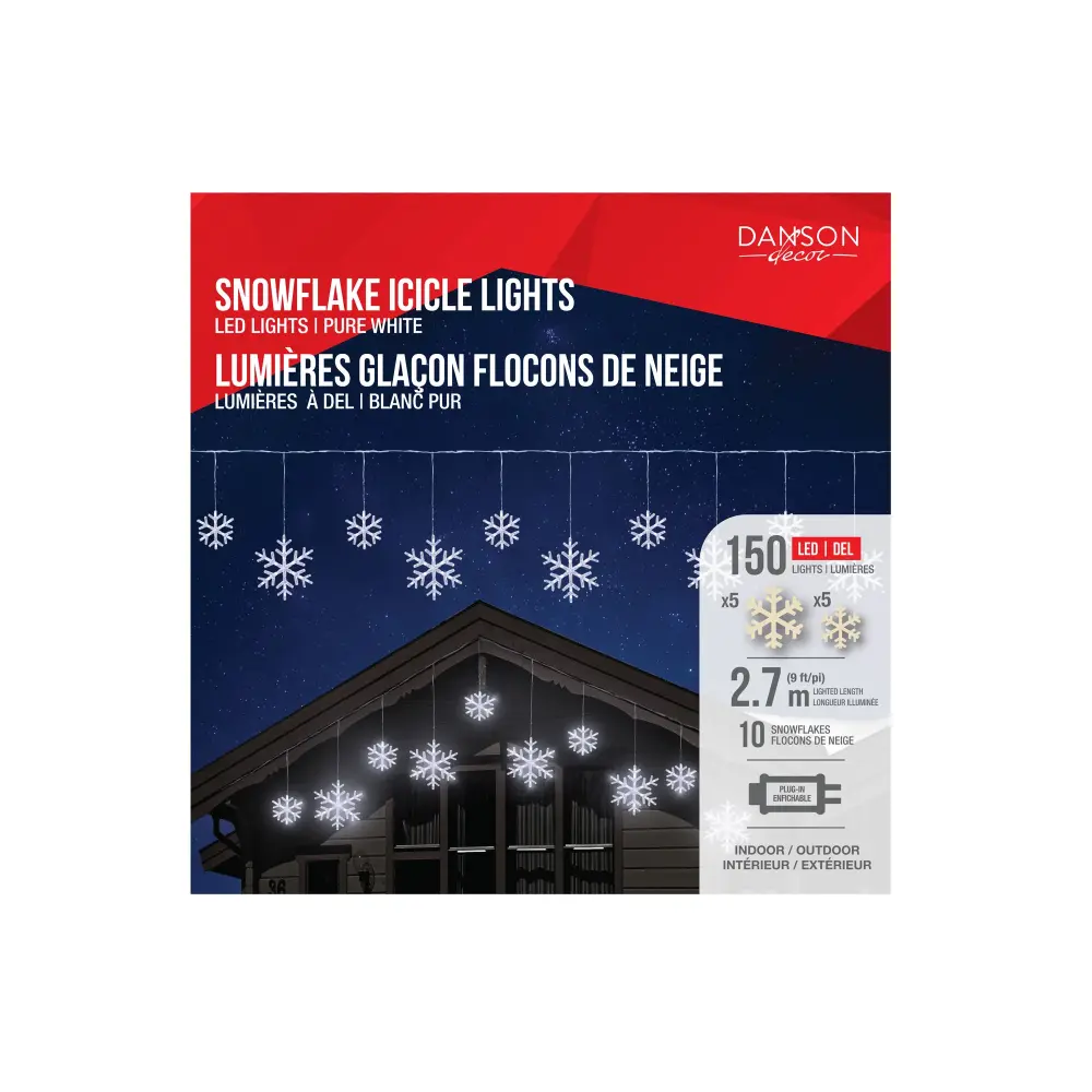Icicles Snowflake Lights 150 LED Lights on Clear Wire 9' (2.7 m), Pure Pearl