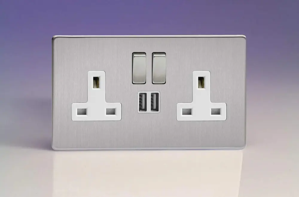 Varilight XDS5U2SWS 13A Socket 2-Gang USB White Brushed Metal