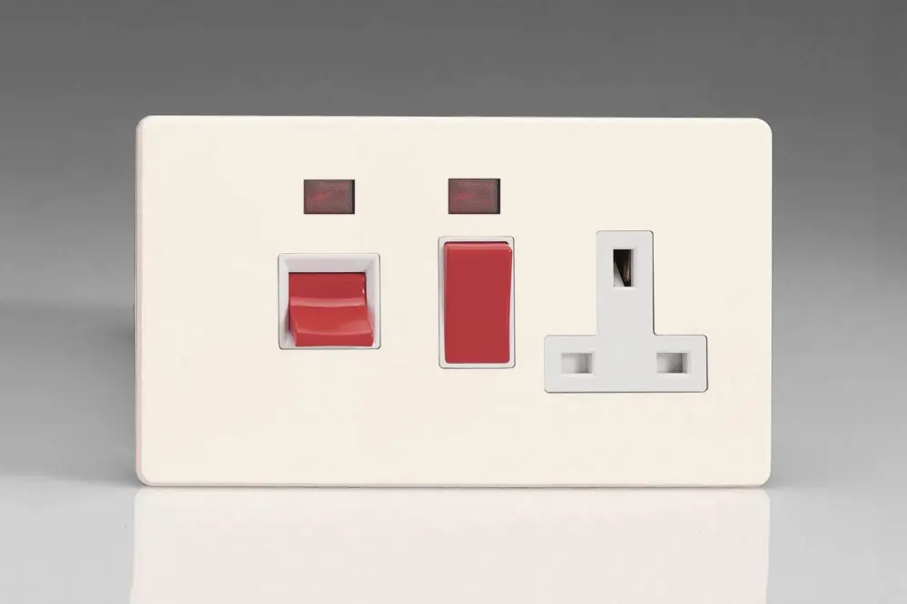Varilight Primed Ready to Paint Flat Plate Screwless 45 Amp Cooker Switch & 13A Plug Socket Neon