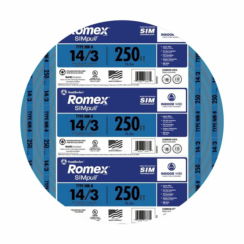 Romex 14/3NM-WGX250 Building Wire, 14 AWG Wire, 3-Conductor, 250 ft L, Warm-toned Conductor, PVC Insulation, Nylon Sheath