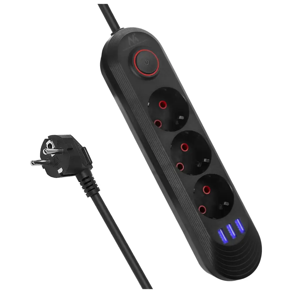 Maclean power strip, 3-socket extension cable + 3xUSB, 110-240V AC 50/60Hz, 2.1A max 2500W, 1.5m, midnight, MCE394 B Holid...
