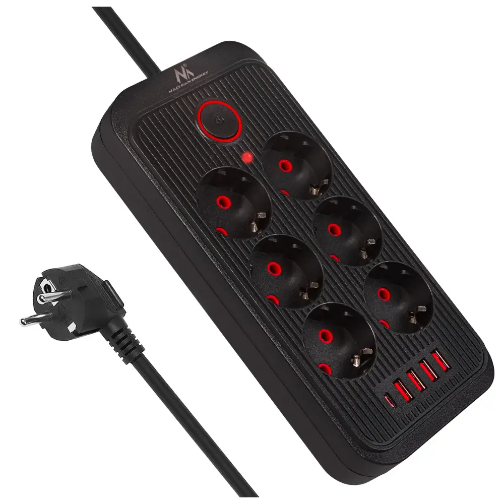 Maclean power strip, 6 socket extension + 4xUSB, 110-240V AC 50/60Hz, 2.1A max 2500W, 1.5 m, midnight, MCE389 B