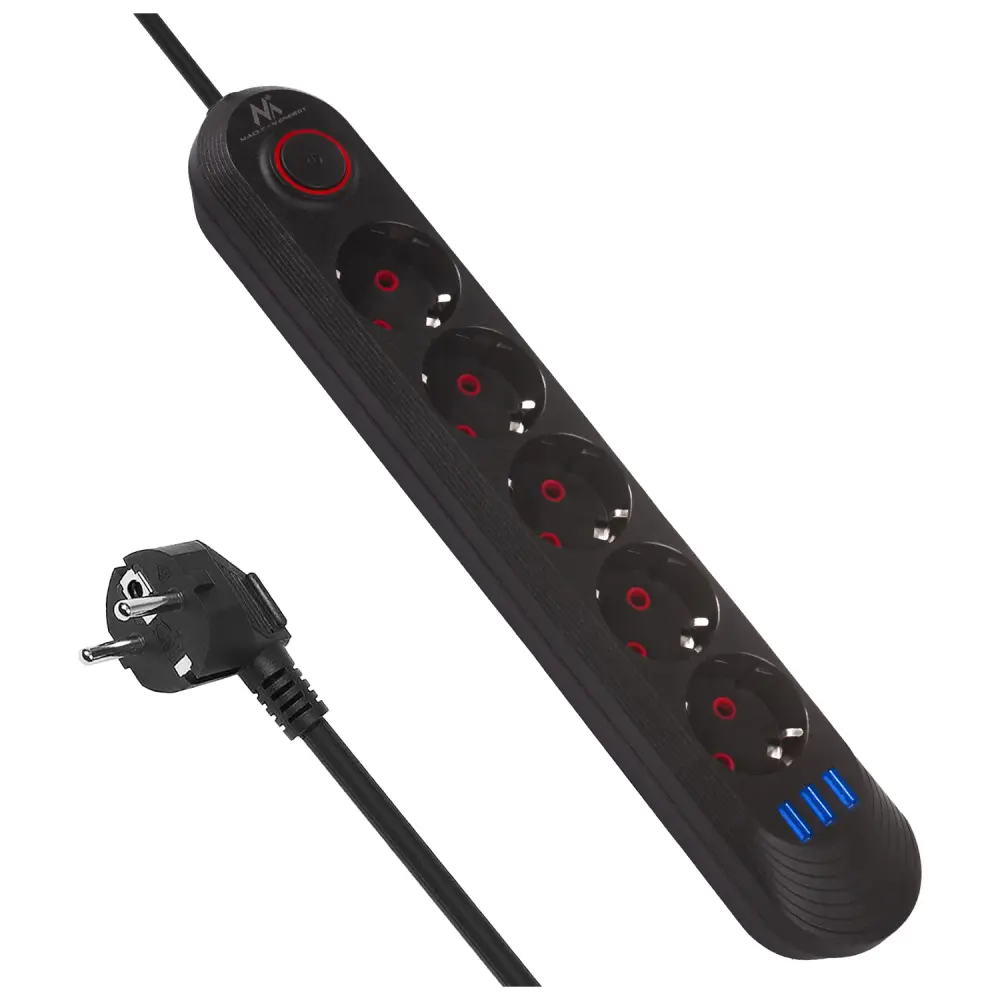 Maclean power strip, 5 socket extension cable + 3xUSB, 110-240V AC 50/60Hz, 2.1A max 2500W, 1.5m, charcoal, MCE395 B