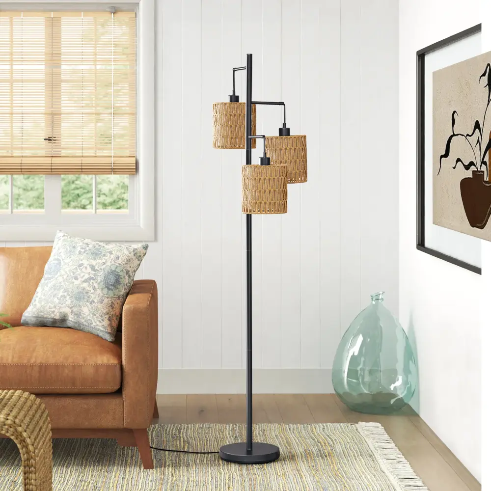 Maxax 65" Boho Rattan Floor Lamp, 3 Lights Farmhouse Tree Standing Lamp Rattan Shades, Multi Head Vintage High Floor Light...