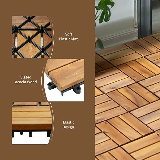 Costway 27 Pieces Acacia Wood Interlocking Patio Deck Tile, GX10002