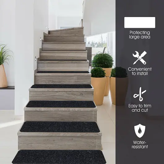 Costway 15 Pieces 30 x 8 Inch Slip Resistant Soft Stair Treads Carpet, Ebony, HZ10042DK