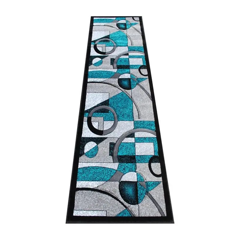 Flash Classic Furniture Elias Gatherion 2' x 7' Turquoise Geometric Abstract Area Rug - Olefin Rug Jute Backing ...
