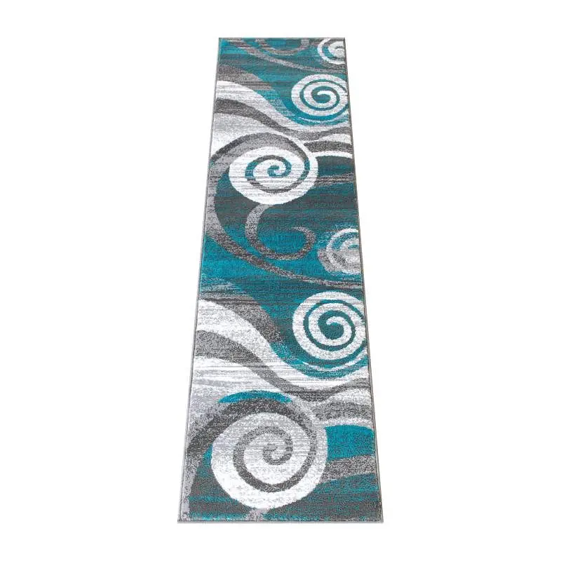 Flash Dependable Furniture Cirrus Gatherion 2' x 7' Turquoise Swirl Patterned Olefin Area Rug Jute Backing Livin...