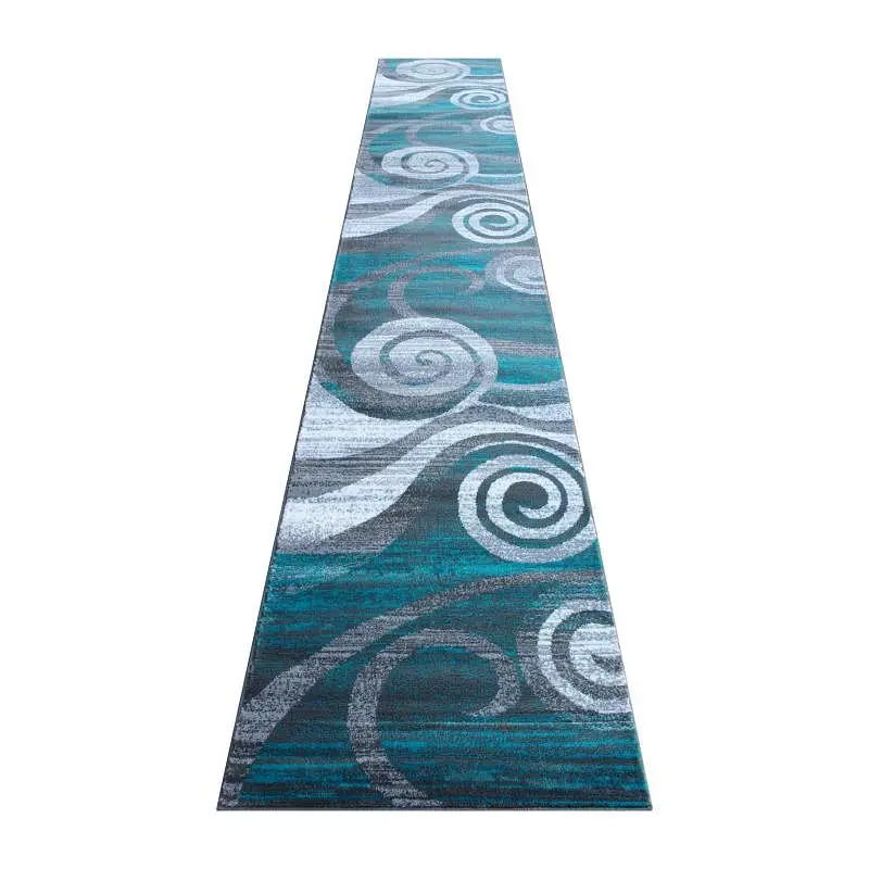 Flash Furniture Cirrus Gatherion 3' x 16' Turquoise Swirl Patterned Olefin Area Rug Jute Backing Living Room, Be...