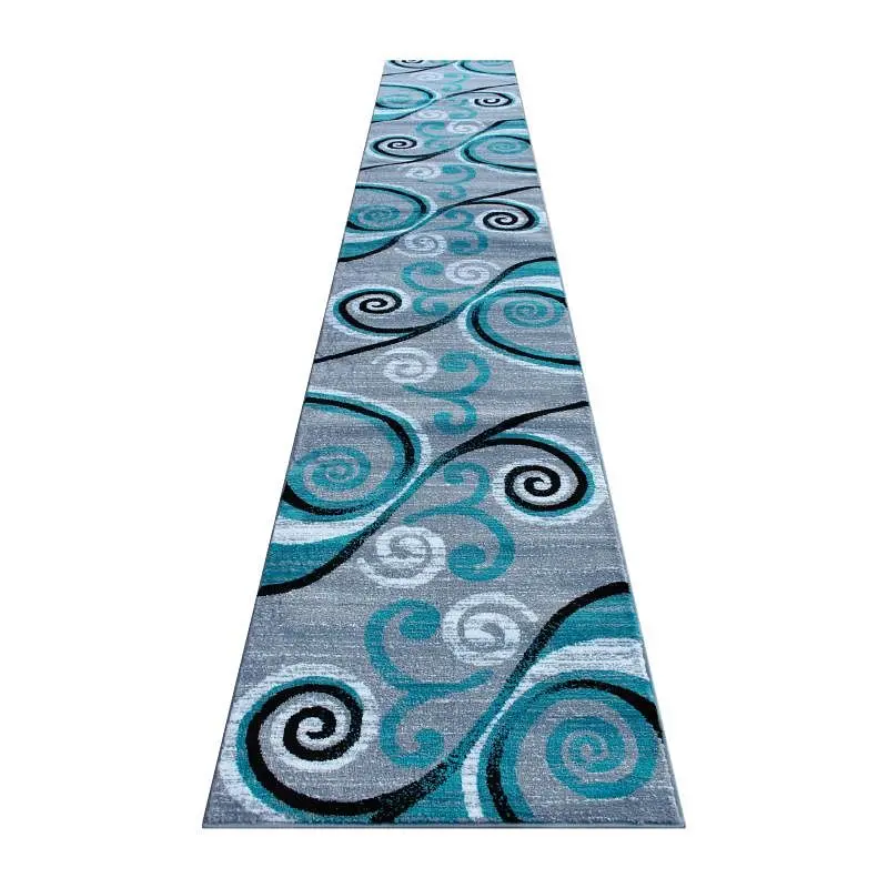 Flash Furniture Valli Gatherion 3' x 16' Turquoise Abstract Area Rug - Olefin Rug Jute Backing - Hallway, Bedroo...
