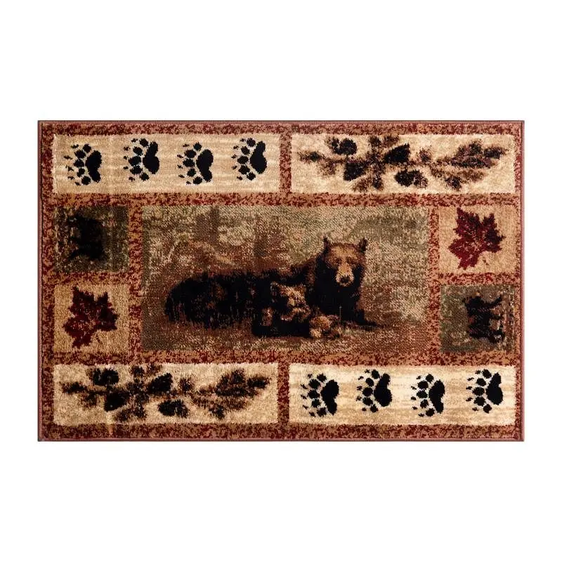 Flash Furniture Vassa Gatherion 8' x 10' Mother Bear & Cubs Nature Themed Olefin Area Rug Jute Backing Livin...