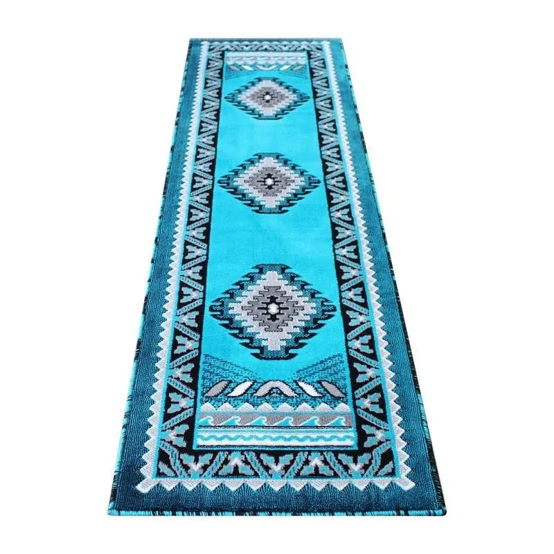 Flash Furniture Ventana Gatherion Southwest 2' x 7' Turquoise Area Rug - Olefin Rug Jute Backing - Hallway, Bedr...
