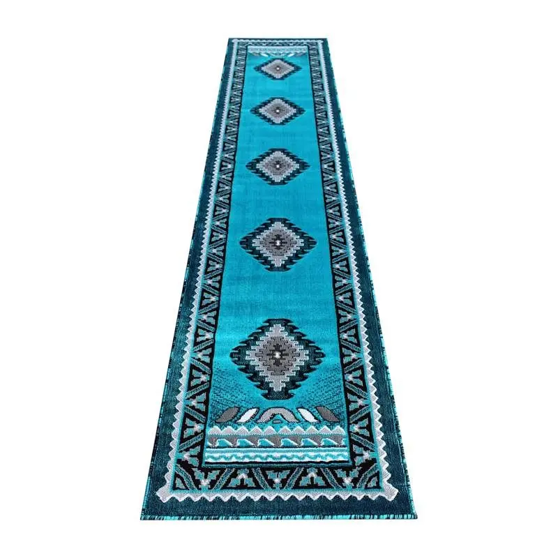 Flash Furniture Ventana Gatherion Southwest 2x10 Turquoise Area Rug - Olefin Rug Jute Backing - Hallway, Bedroom, Living R...