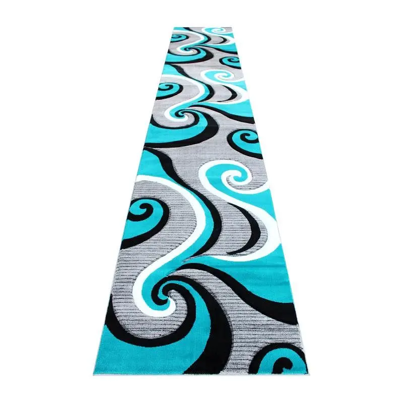 Flash Green Furniture Athos Gatherion 3' x 16' Turquoise Abstract Area Rug - Olefin Rug Jute Backing - Hallway, ...